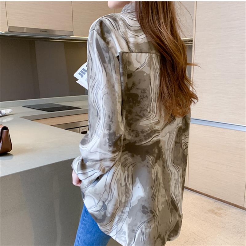 Jarní volné Dámská košile Ink Splash Print Košile s dlouhým rukávem Dámská košile s dlouhým rukávem Zapnout Neck Blusas Mujer De Moda 2022