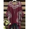 Women T-Shirts Bohemian Vacation Simple Pattern Print Tops Irregular Hemp Round Neck Fashion Versatile Short Sleeve Y2k Clothes