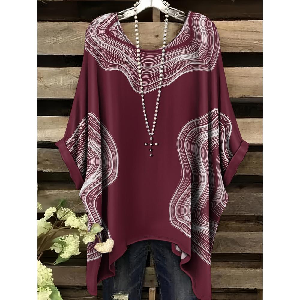 Women T-Shirts Bohemian Vacation Simple Pattern Print Tops Irregular Hemp Round Neck Fashion Versatile Short Sleeve Y2k Clothes