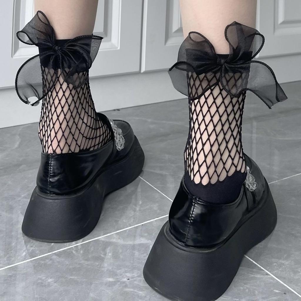 Loli Hollow Socks Bow Fishnet Socks Medium Tube Socks Summer Thin Jk Uniform Short Tube Women Sweet And Spicy