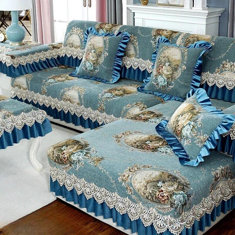 Luxury Chenille Sofa Mat European Style Large Flower Fabric Anti Slip Seat Cushion Winter Solid Wood Full Coverage Sofa Cover