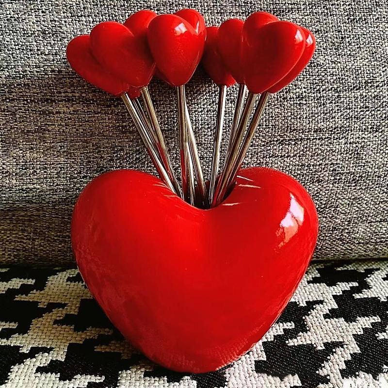 10 Stück Kreative Liebe Obstgabel mit Halter Niedliche Herzform Edelstahl Wiederverwendbare Metallspieße für Obst, Dessert, Vorspeisen