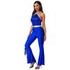 Womens 70s Disco Halter Sequined Top Tassel Fringe Flared Pants Romper Shiny Metallic Jumpsuit