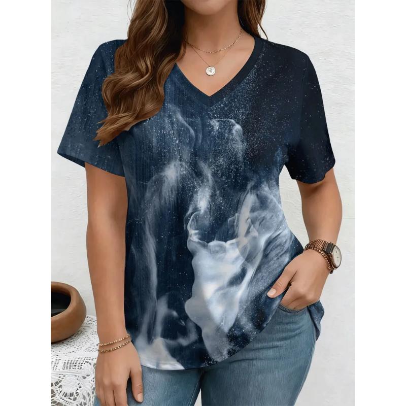 Fashion Women's V-Neck Short Sleeve 3D Casual Color Printing Casual Short Sleeve V-Neck T-Shirt
