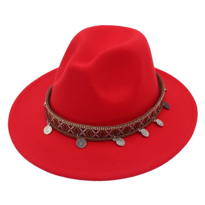 Ethnic Topper Hat Imitation Silver Accessories Felt Hat Jazz Hat Big Brim Stage Performance Hat