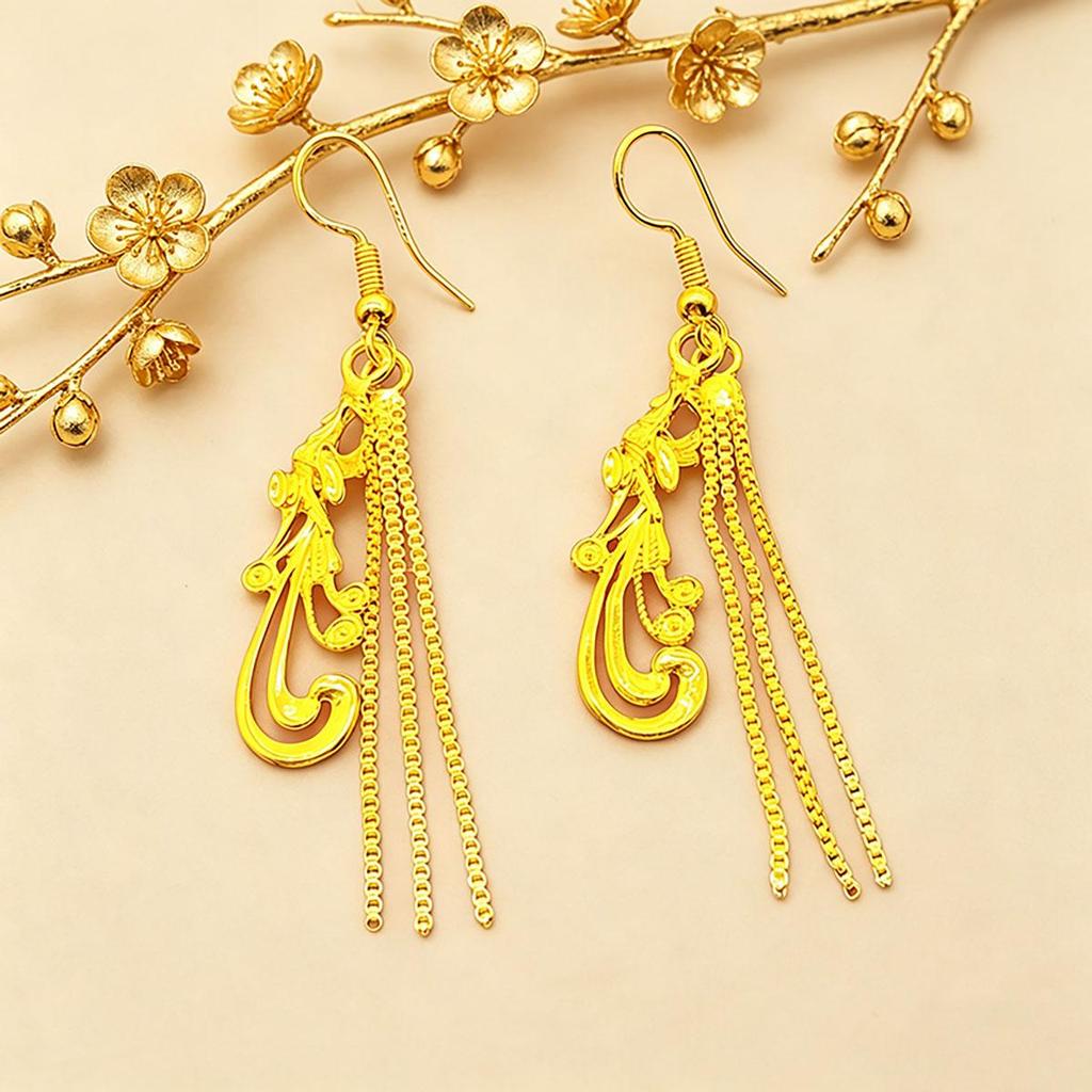 Golden Peacock Tassel Earrings, Ethnic Style Earrings, Phoenix Ear Hooks, Daily Tassel Personality Vintage Elegant Accessories