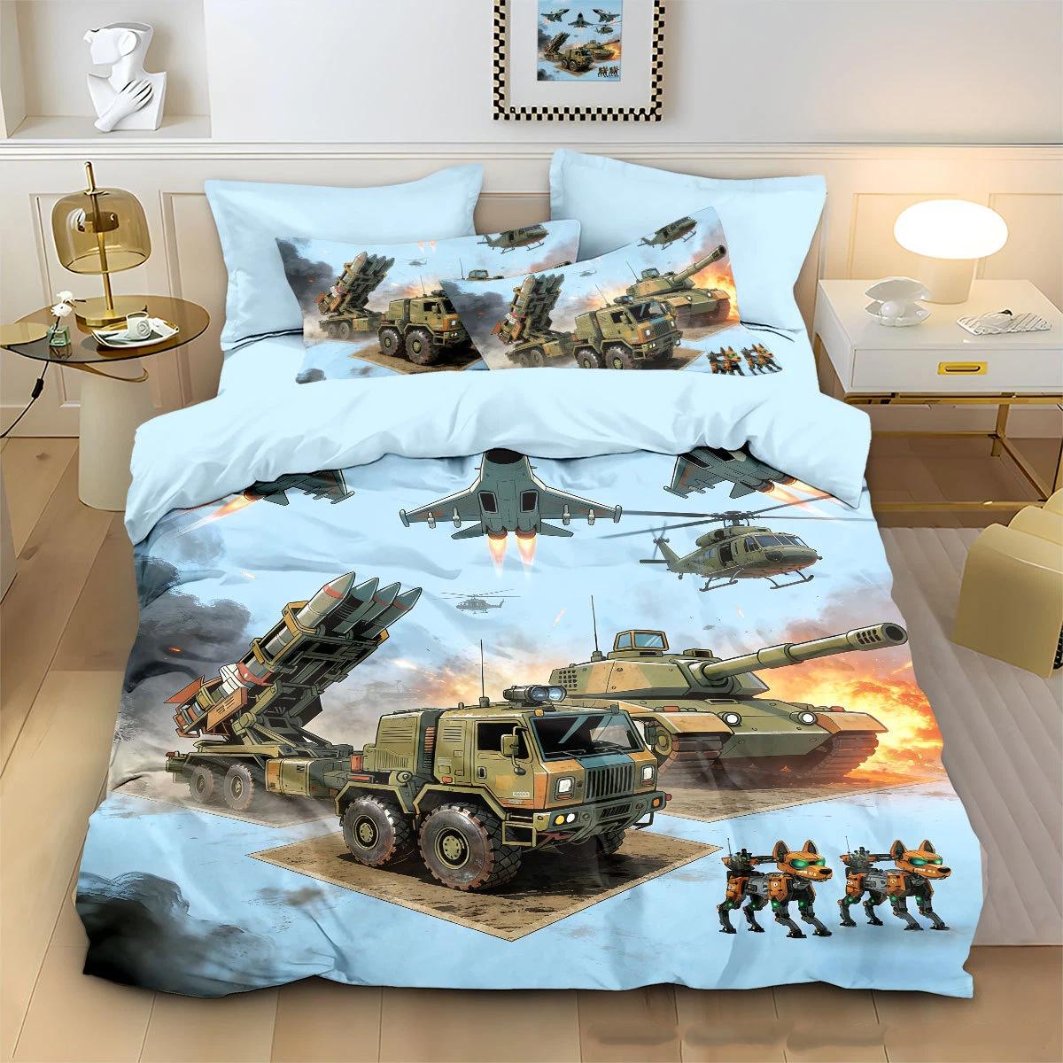Digitálisan nyomott tankos ágyneműgarnitúra, Fiúknak katonai témájú paplanhuzat szett 178x220cm-3pcs