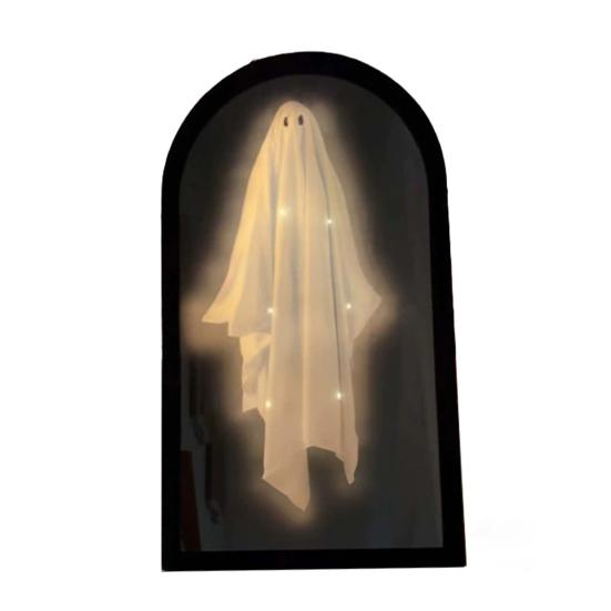 Halloween Novelty Ghost Mirror Light-up Hologram Ghost Mirror with LED Light for Haunted House Indoor Bedroom Kitchen Fireplace Decor