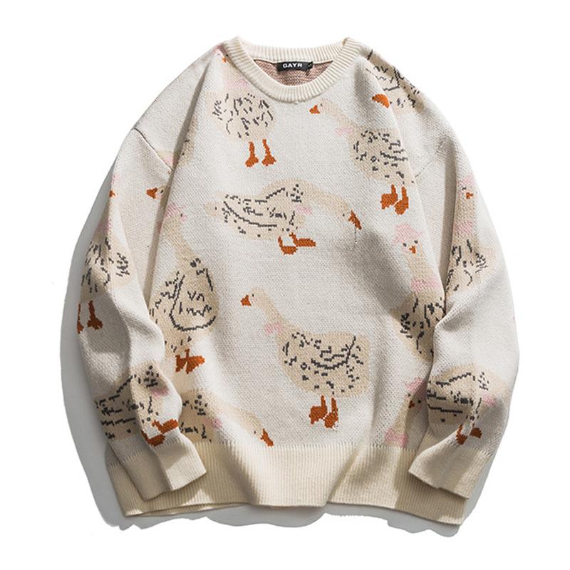 Maglione lavorato a maglia da uomo, con stampa di animali dei cartoni animati, con anatra e oca, pullover Harajuku, casual, con scollo a V, oversize, streetwear, unisex, autunno