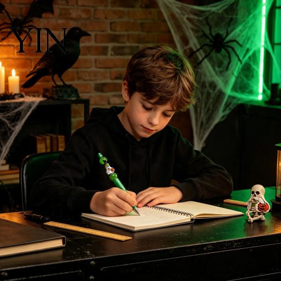 Holiday Gift Ideas 8PCS Halloween Beadable Pens, DIY Ballpoint Pens with Ghost Pendants And Acrylic Beads, Creative Stationery for Office School