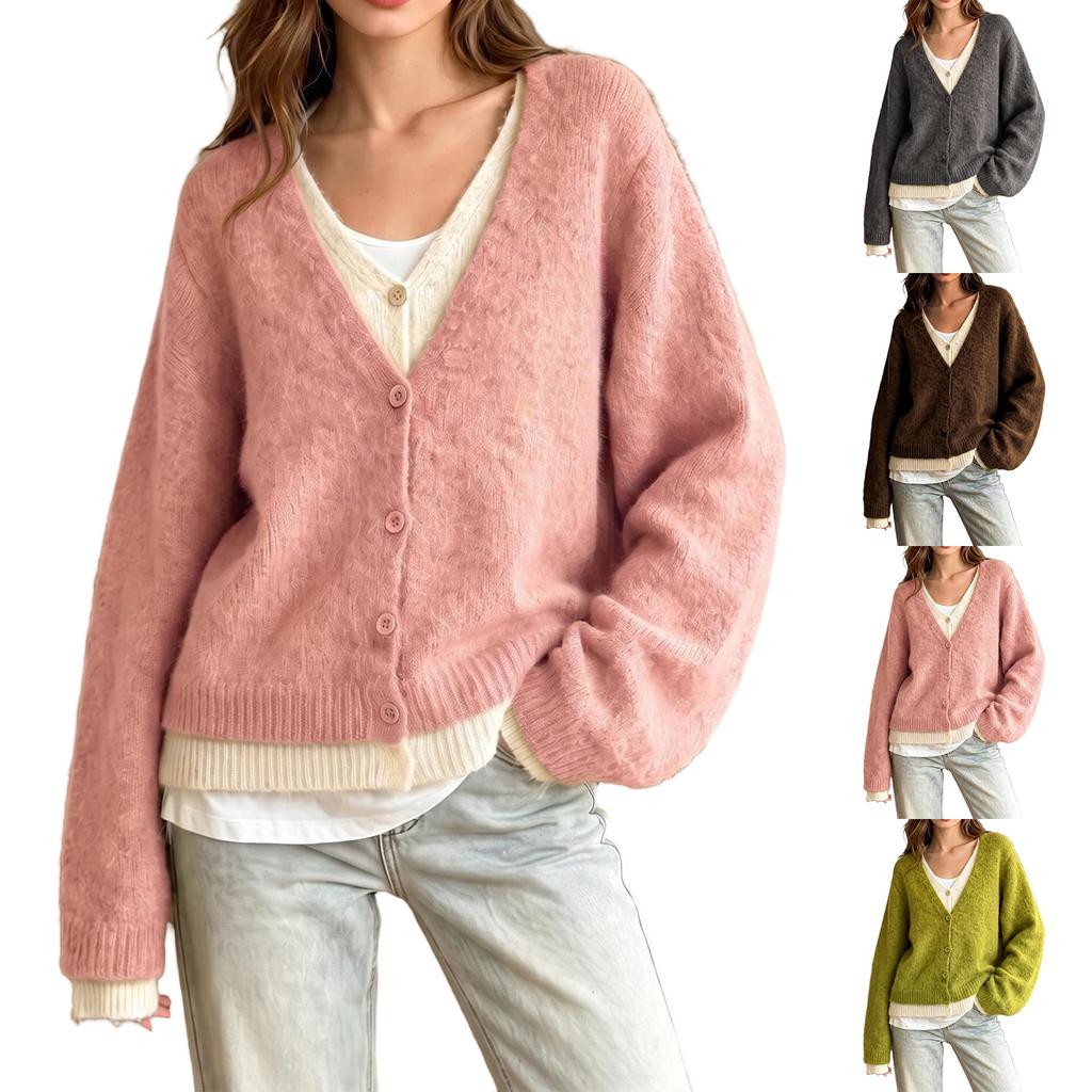 Women's V-Neck Loose Fit Knit Sweater Long Sleeve Casual Color Pullover