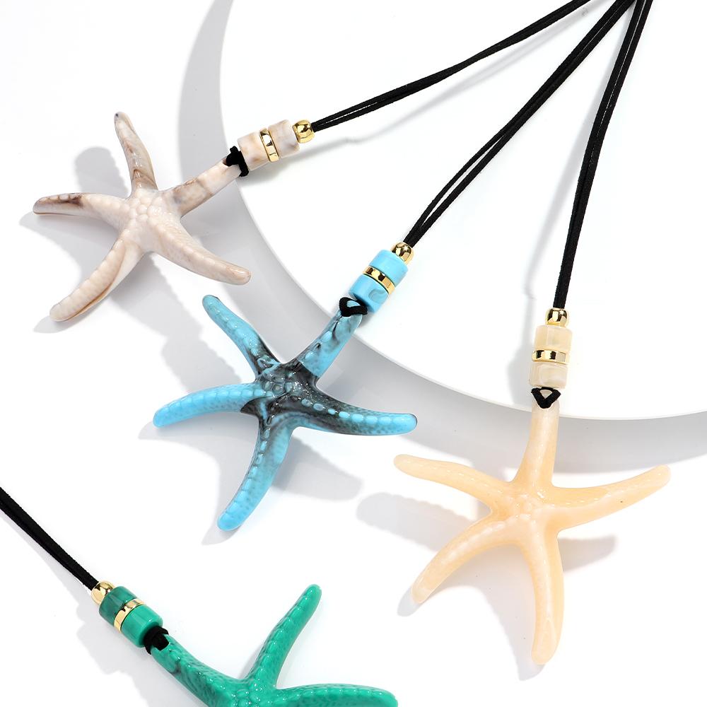 Trend Acrylic Ocean Starfish Pendant Necklaces for Women Colorful Extra Large Sea Star Leather Rope Choker Vacation Jewelry Gift