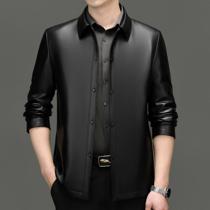 

Куртка из натуральной кожи, высококачественная мужская куртка из овчины со скрытыми пуговицами, повседневная куртка для папы среднего возраста с лацканами 195