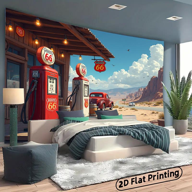 2D plane, 1 piece of retro 66th Highway gas station background banner,suitable for themed parties, perfectly matching ro