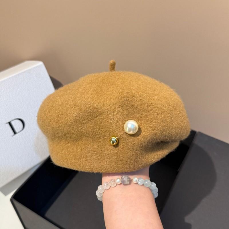 High Quality Light Luxury Irregular Wool Beret Winter Warm Slim Face Pearl Painter Hat