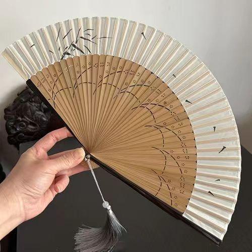 Vintage Antique Folding Fan Bamboo Ribs Carved Hollow Women Gilr Hanfu Cheongsam Performance Dance Fan Summer Portable Hand Fan
