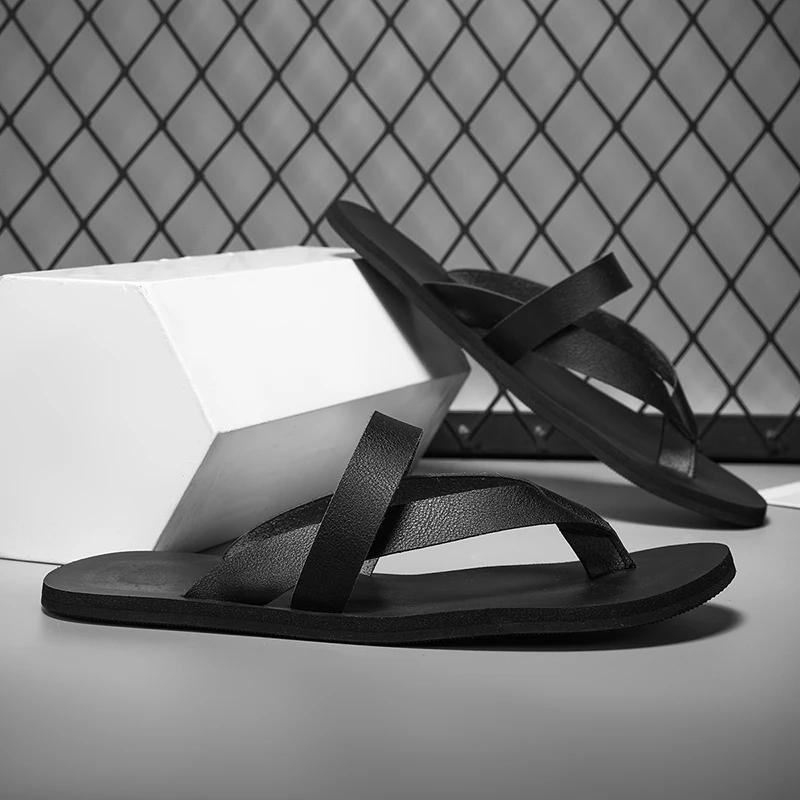 Fashion High Quality Summer Men Outdoo Walking Slippers Casual Leather Breathable Flip Flops Minimalist Beach Sandal Holiday Comfy Flats