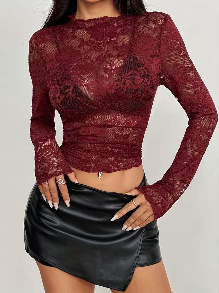 2026 Autumn Elegant Women's Long-Sleeve Lace Ruffle Slimming Top