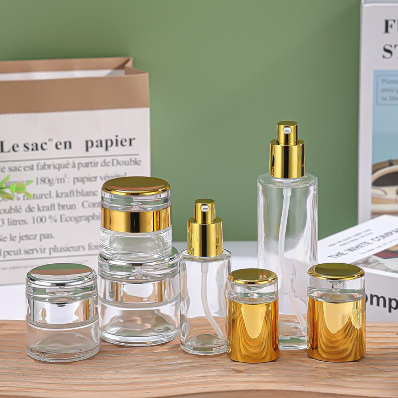 Transparente Glas-Hautpflege-Flaschen-Set: Augencreme, Gesichtscreme, Lotion Spender, Toner Sprühflasche