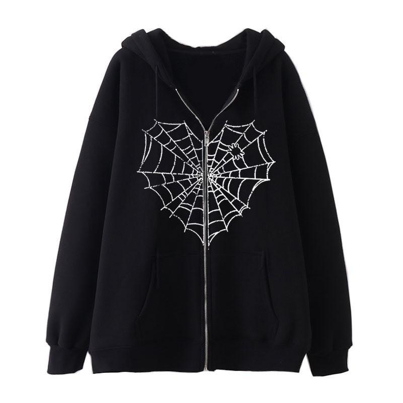 Colorful Spider Web Print Zip Up Hoodie Loose Fit Streetwear Y2K Couple Outerwear