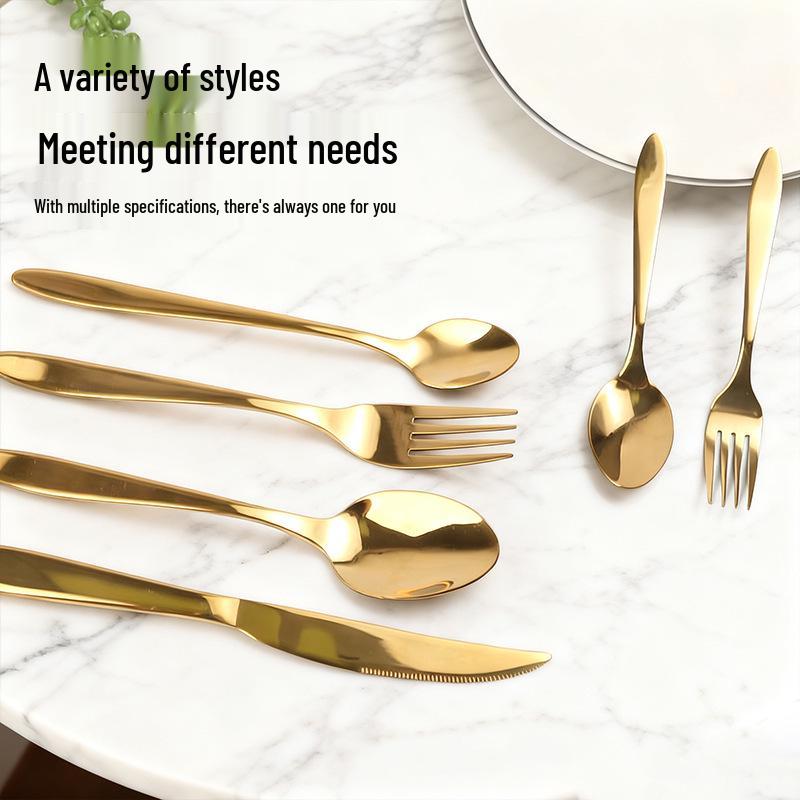 Gold Stainless Steel 6-Piece Cutlery Set: Steak Knife, Fork, Dessert Spoon, Coffee Spoon - Ideal for Western Cuisine and Hotels