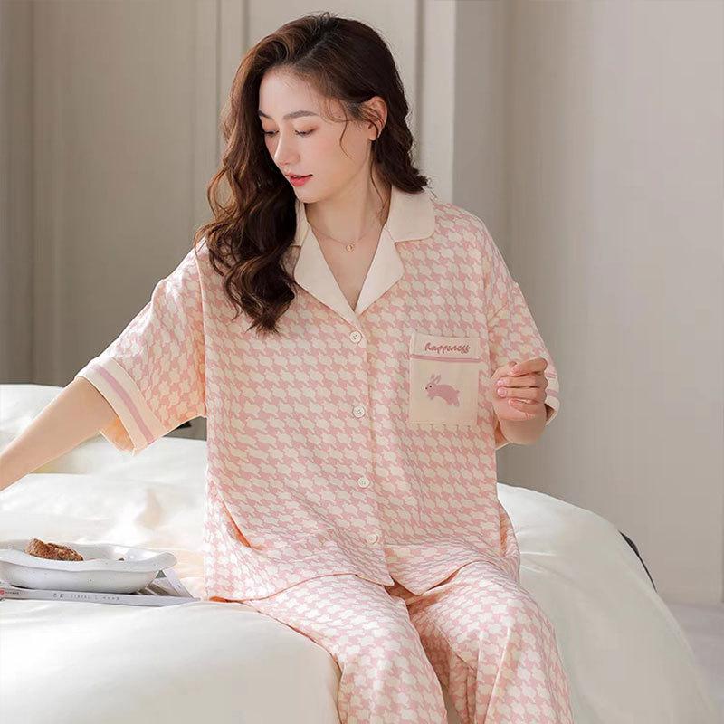 Women'S Pajamas Sweet Pink Thousand Bird Grid Summer Cardigan Cotton Short-Sleeved Trousers Soft Skin-Friendly Loungewear Set