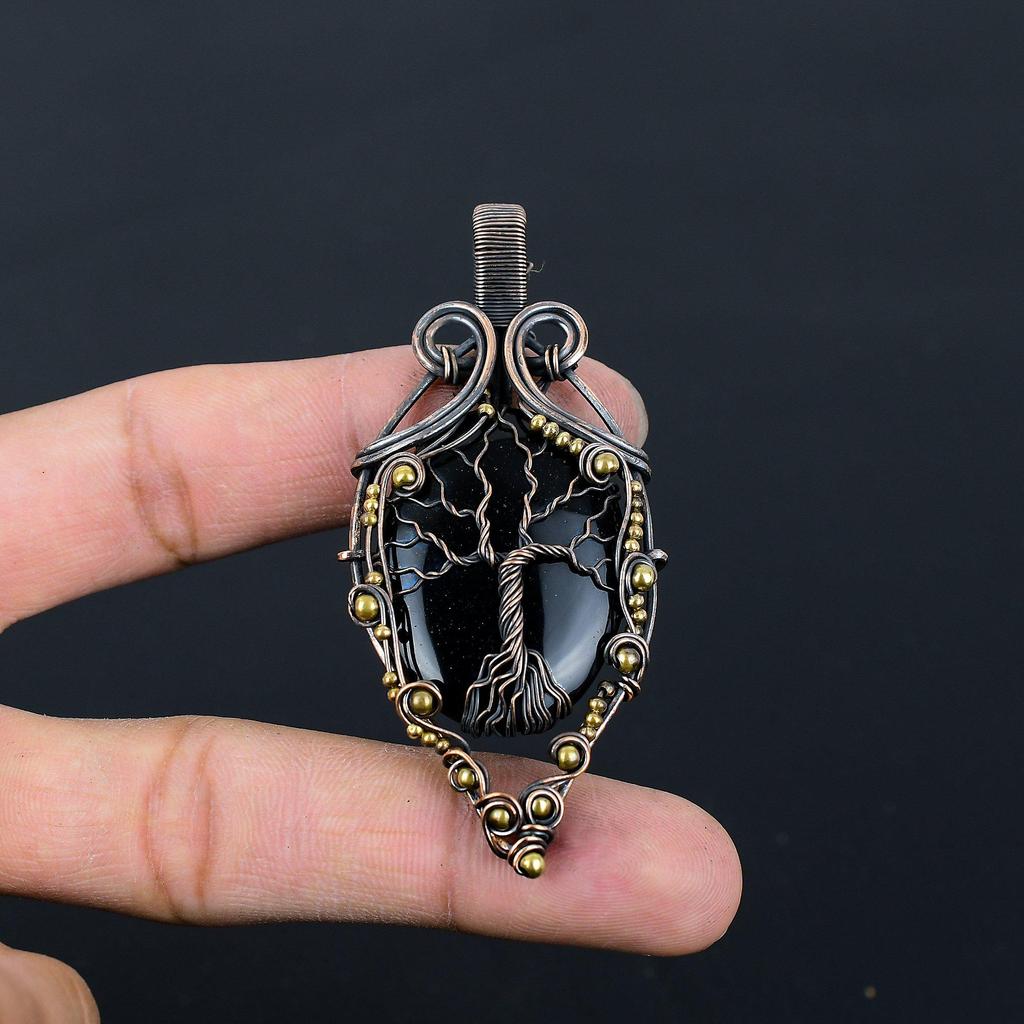 Tree Of Life Black Onyx Gemstone Pure Copper Wire Wrapped Handmade Pendant Jewelry