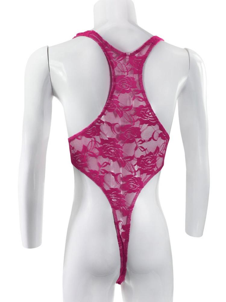 Mens See Through Bodysuit Sexy Mesh Lace Floral One Piece Swimsuit Sissy Lingerie Thong Leotard Jumpsuit Suspenders Singlet