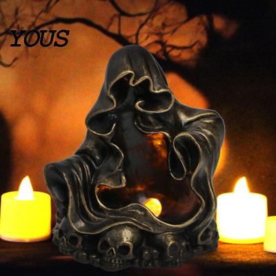 Creative Gift for Halloween Lovers Wizard Ghost LED Night Light with Embossed Skull Base, Resin Glowing Figurine, Environmentally Friendly Craft
