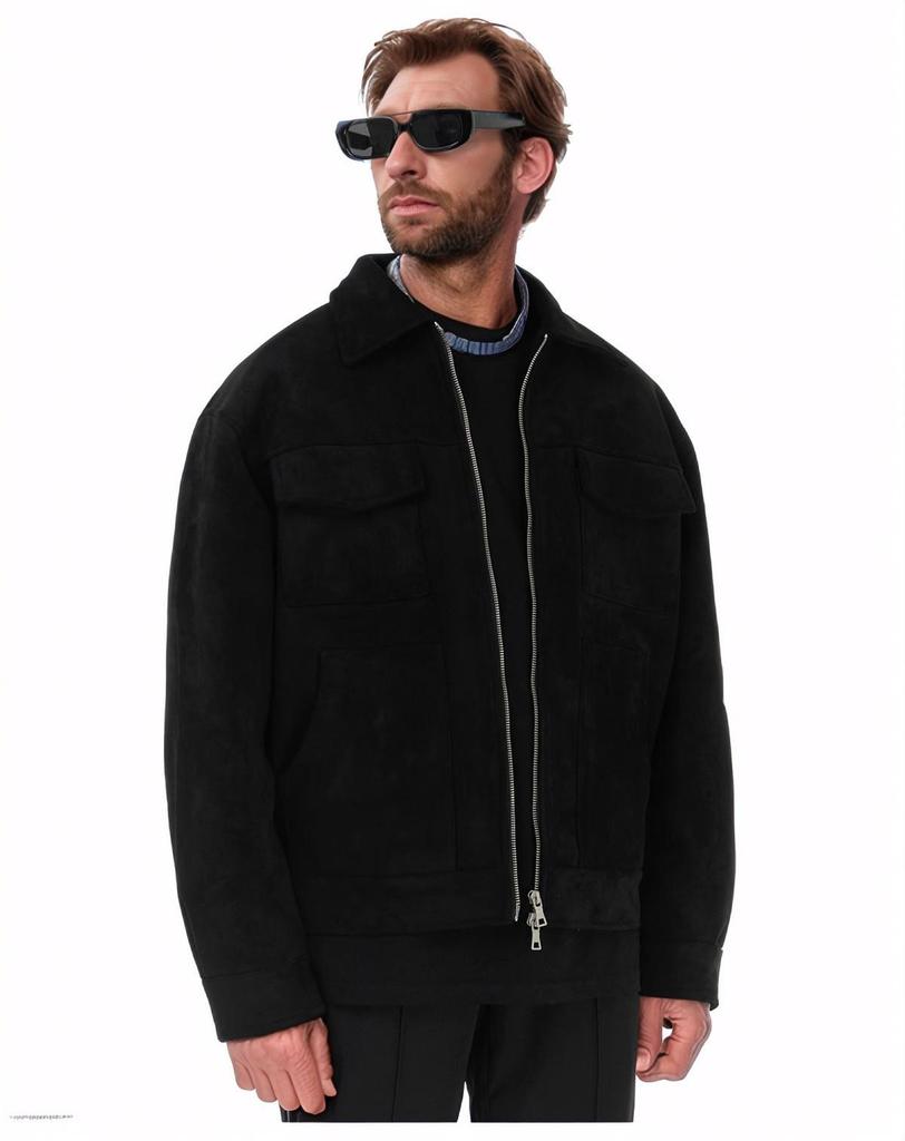 European and American Men's Suede Velvet Zipper Jacket with Large Pockets and Lapel.