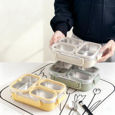 Portable Lunch Container With Handle 3 Compartments Leak-proof 304 Stainless Steel Lunch Box for Kids Students Microwave Safe