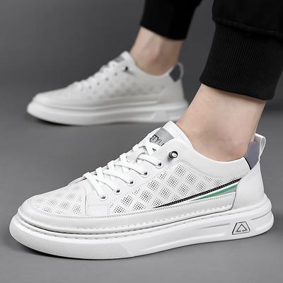 2024 New Shoes for Men Genuine Leather Casual Shoes Trend White Flat Skateboard Shoes Breathable Slip-on Sneaker