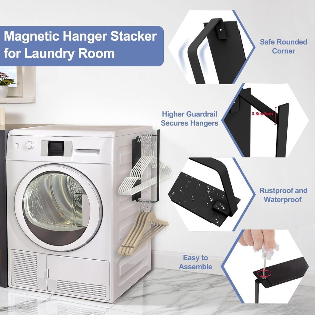Magnetic Hanger Holder for Laundry Room, Space-Saving Hanger Organizer for Washing Machine Dryer, Holding up to 40 Velvet Wire Plastic Hangers (1,