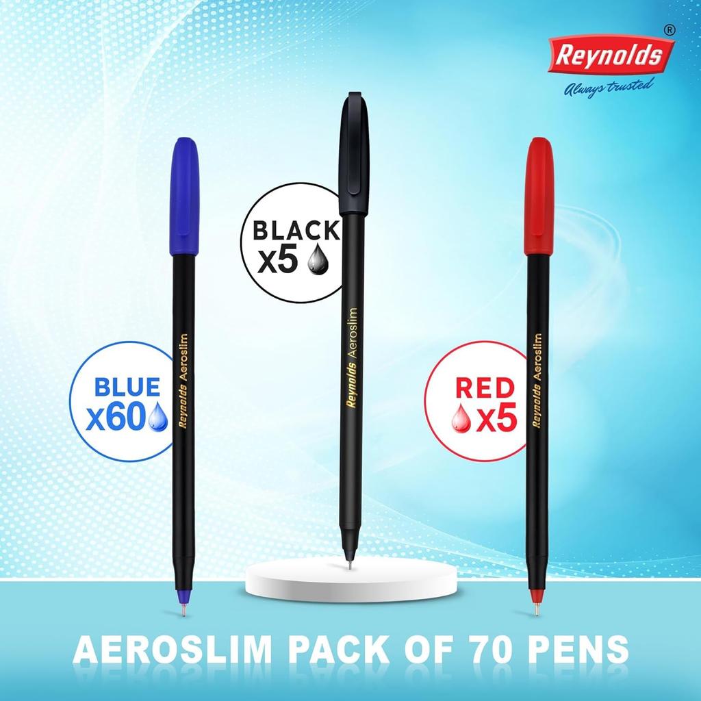 REYNOLDS Aeroslim Ball Pen Set Pack Of 1( 60 BLUE, 5 Black, 5 Red )0.7 Mm Tip Smooth Writing Pens For Office School Use