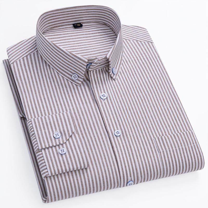 New Cotton Oxford Shirts Men's Long Sleeves Stripe Thin Soft Regular Fit Formal Dress Shirt Pocket Social Blouse Male Clothing