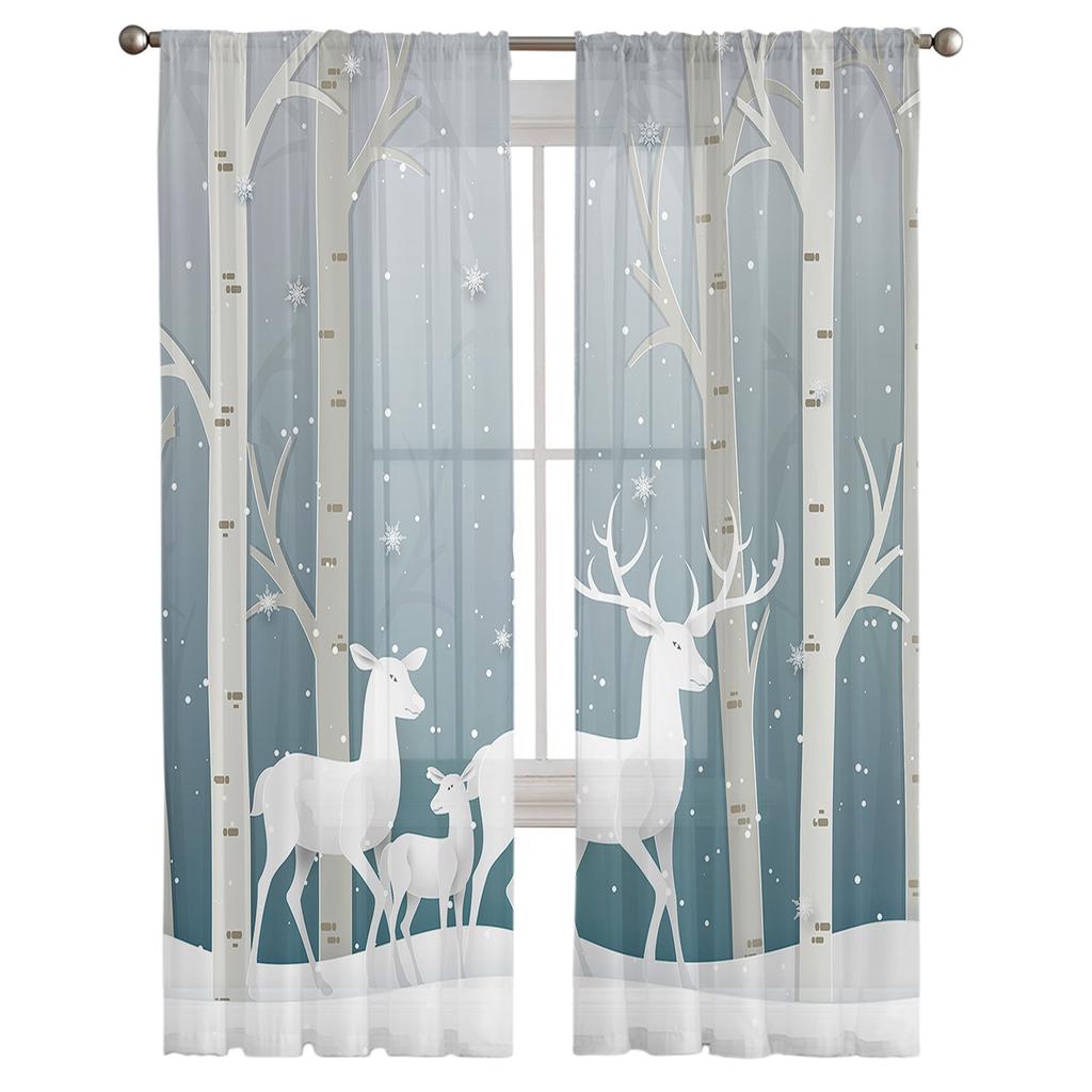Christmas Elk Curtain Cartoon Xmas Forest Tree Deer Winter Snowflake Semi Living Room Voile Window Treatment Light Filtering Polyester Ideal For Great