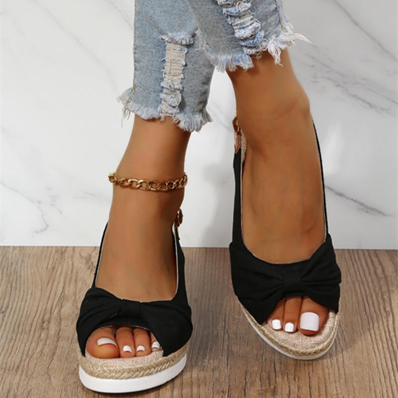 Spring and Summer Footwear Wedge Sandals Fishmouth High Heels Buckle with Straw Sandals Plus Size Women's Shoes.