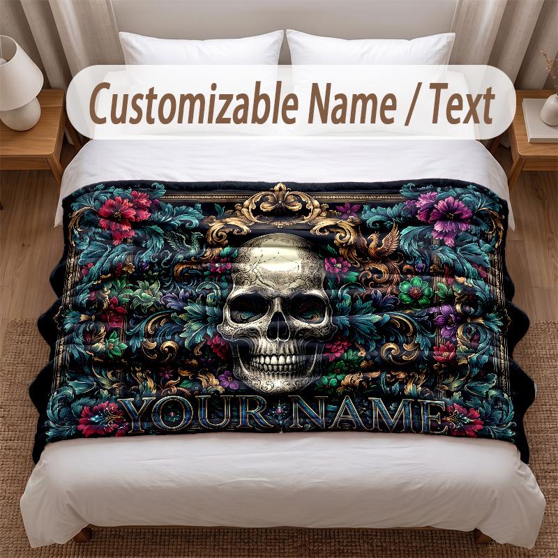 Skull Gothic Theme Soft Blanket Personalized Custom Name Text Print Warm Blanket Home Sofa Bedroom Decor