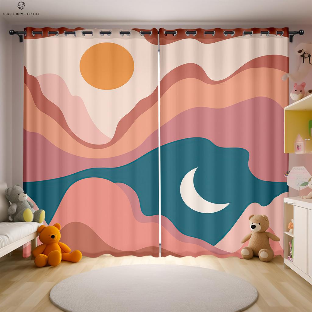 Cartoon Stars, Moon And Clouds Printed Curtains For Children's Room Decoration Curtains Polyester Fiber Easy To Wash And Care