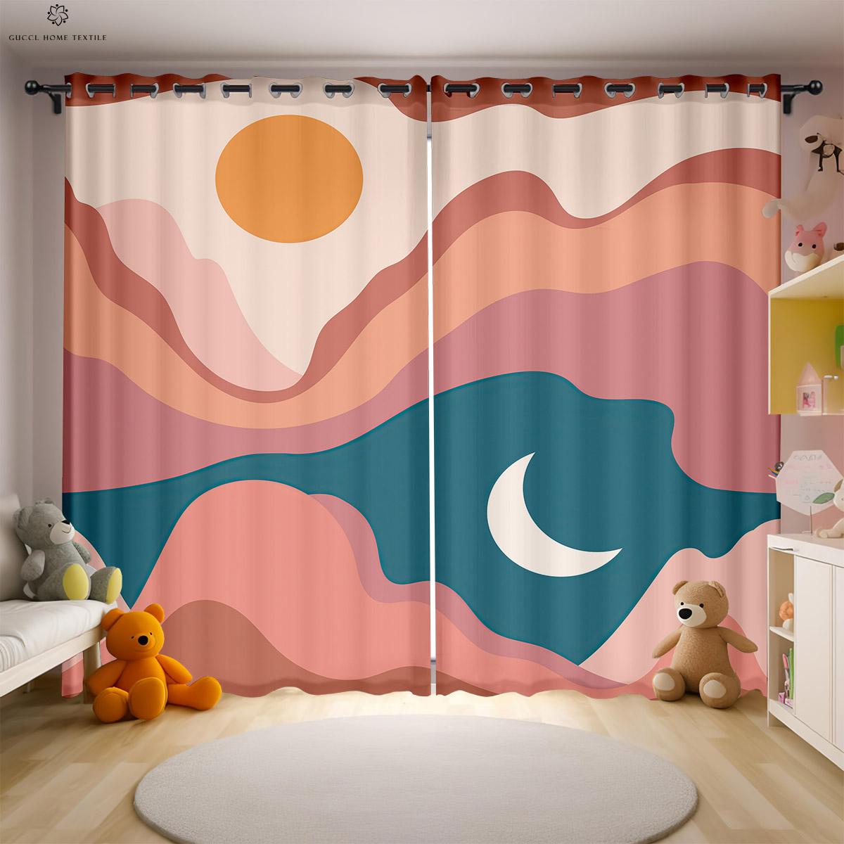 Cartoon Sterren, Maan En Wolken Bedrukte Gordijnen Voor Kinderkamer Decoratie Gordijnen Polyestervezel Makkelijk Te Wassen En Te Onderhouden W75xH166(CM)x2PCS&Grommet Top