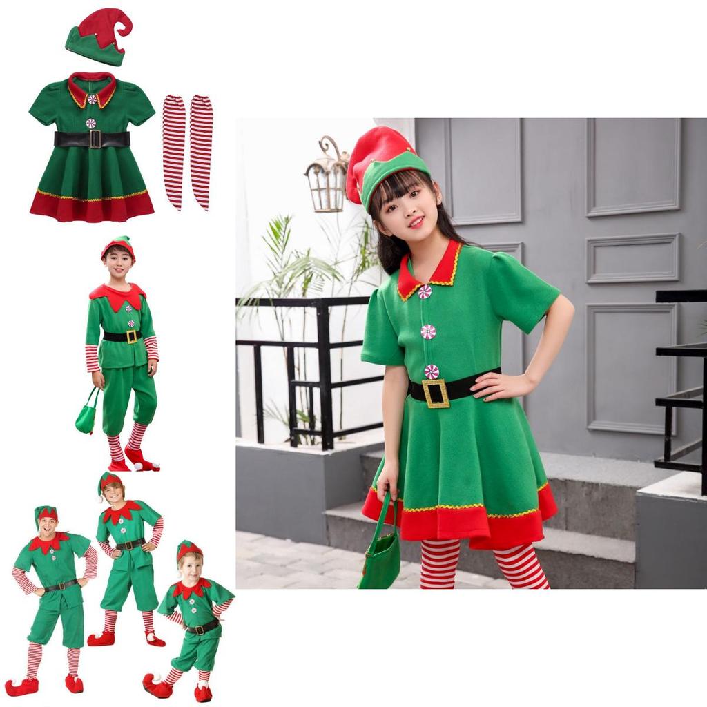Cheerful Family Christmas Cosplay Costume Featuring Green Elf Santa Claus Design For All Ages