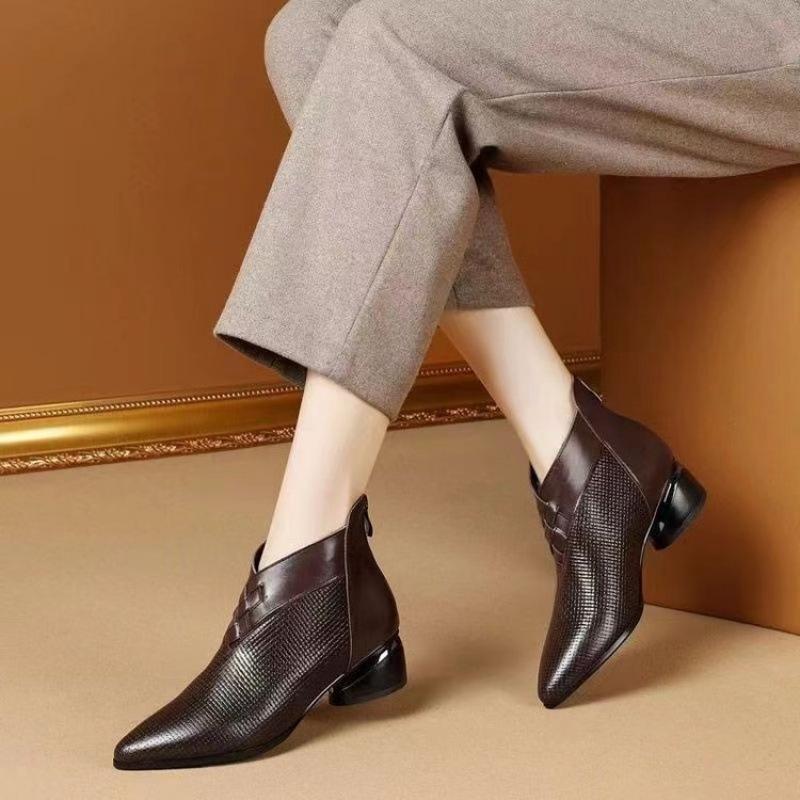 Coarse Heel Short Boots Spring and Autumn Boots and Ankle Boots Fleece Boots Pointed French Small Naked Boots