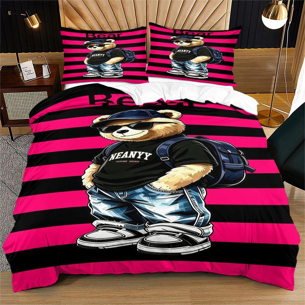 Bear Duvet Cover Set Hip Hop Style 3D Digital Print Bedding Set Microfiber Bed Cover for Teen Bedroom Home Decoration 135x200cm