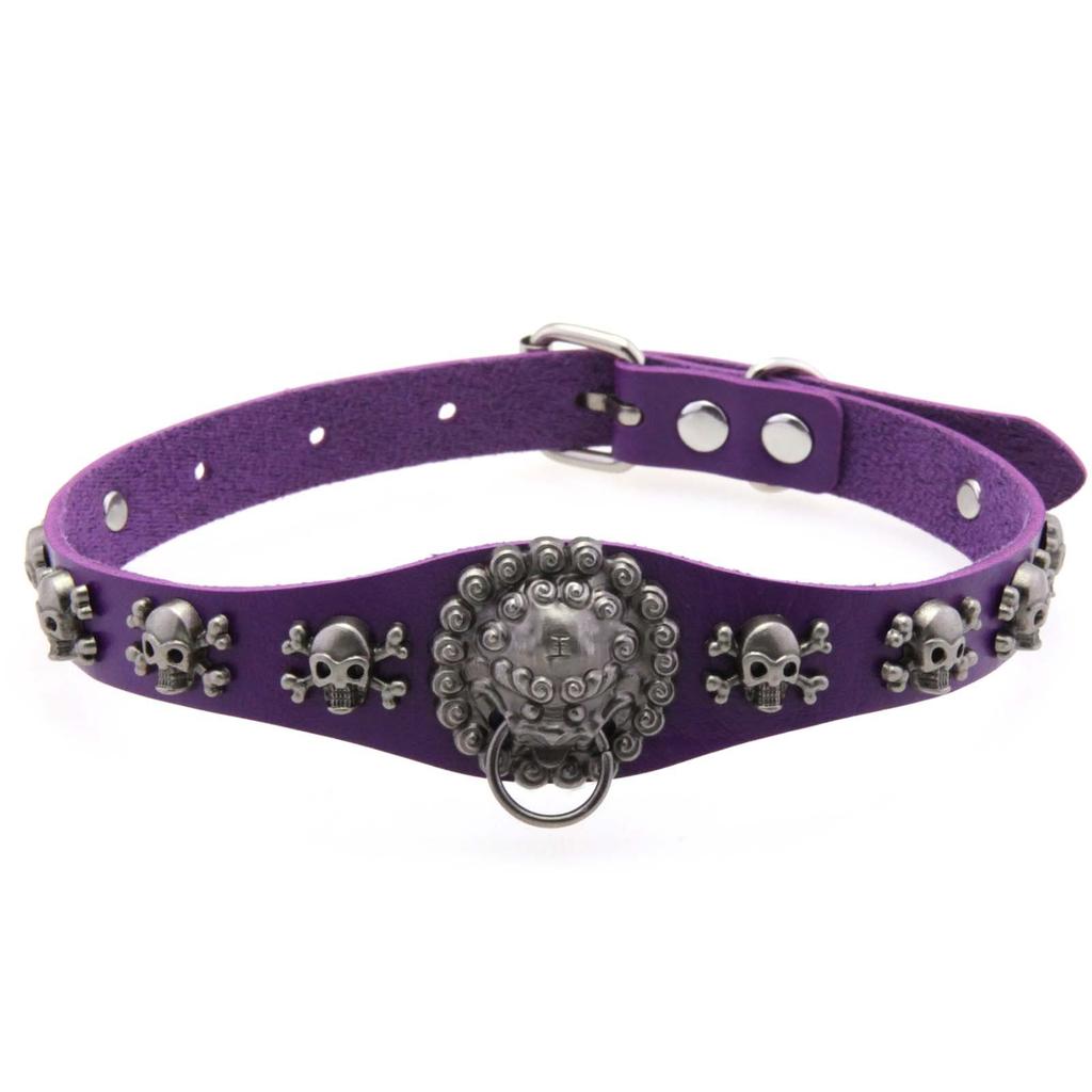 Skull & Lion Pendant Choker, Unisex Punk Leather Hanging Ring Clavicle Necklace