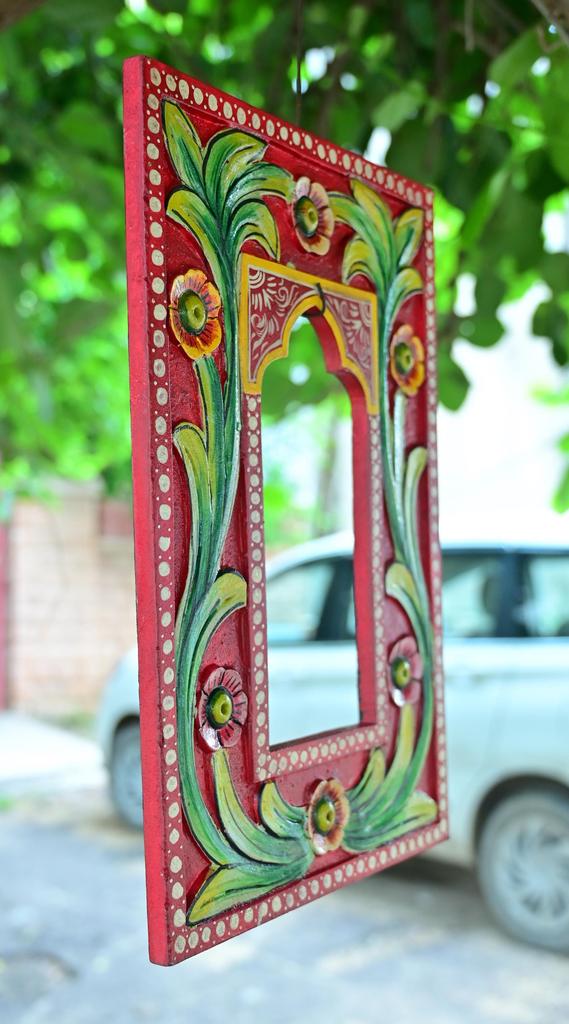 Hand Carved Wooden Jharokha Wall Decor: Bright Painted Flower Design Indian Frame