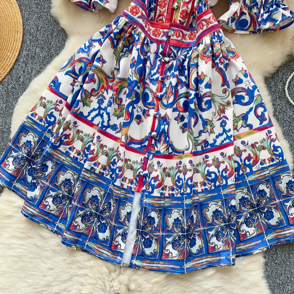 Summer Women Elegant Flare Sleeve Designer Print Runway Dresses V-neck Single Breasted Mini Short Party Dress