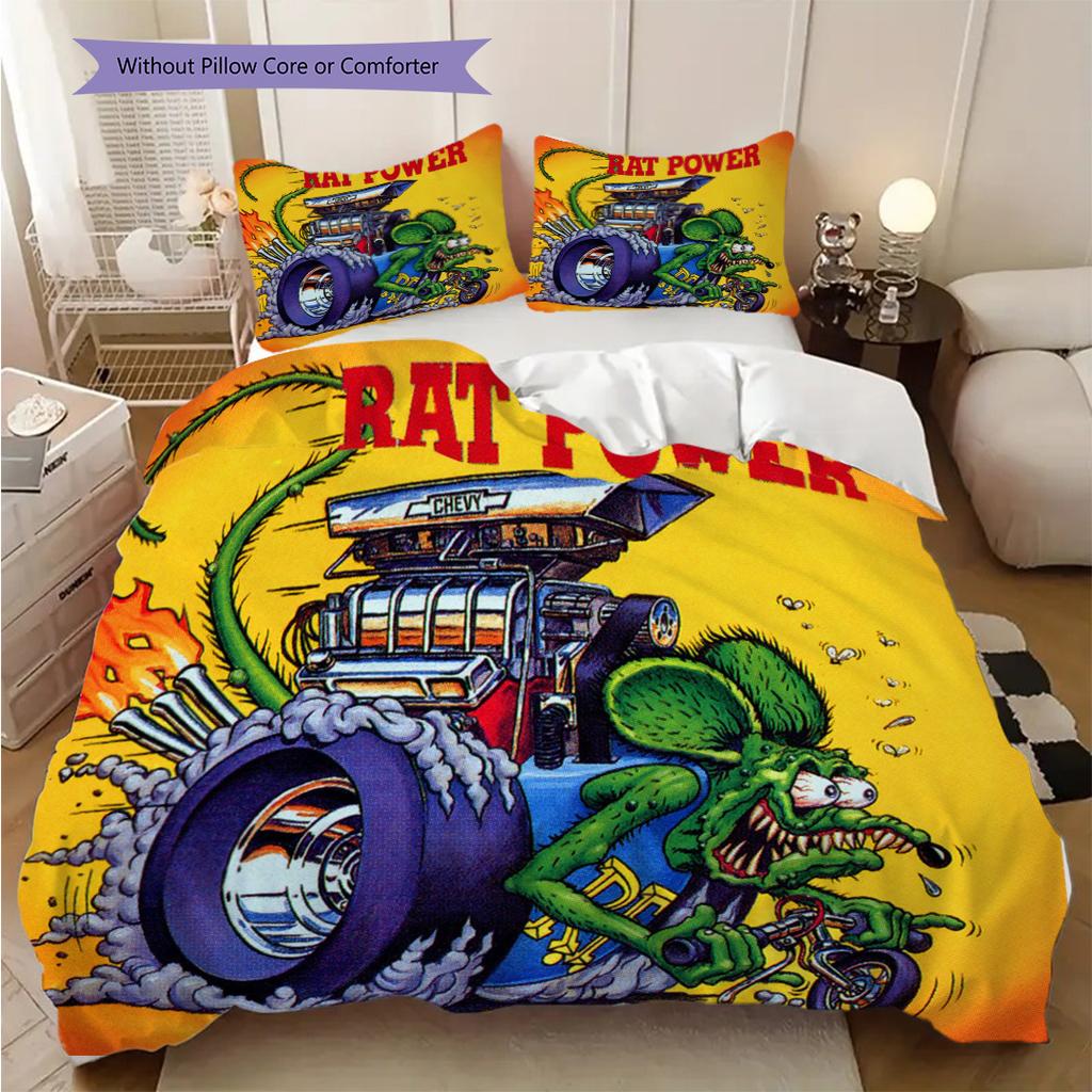 Boss Mustang Rat Fink Chaos Bedding (1 * duvet cover + 2 * pillowcase, without core) 2D Flat Bedding set Soft and comfortable Christmas birthday gift