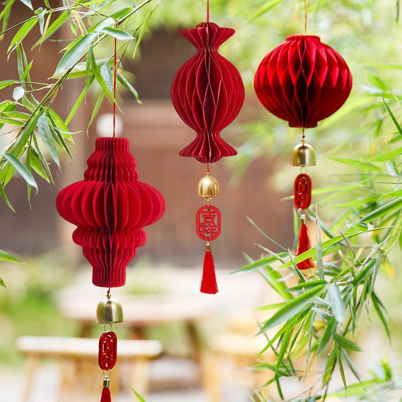 3D Chinese New Year Decorations 2026 Spring Festival Honeycomb Lucky Hanging Ornament Paper Lanterns Ornament with Bell Decor