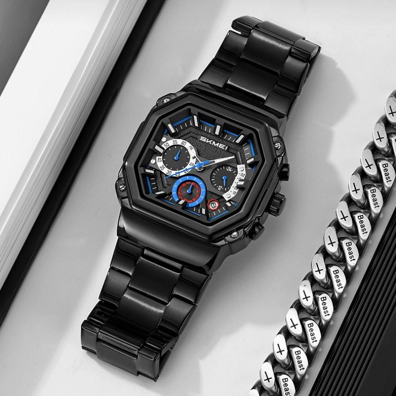 Skmei Luxury Stainless Steel Square Men Watch Chronograph Luminous Quartz Wristwatches Small Dial Work Male Waterproof Clock