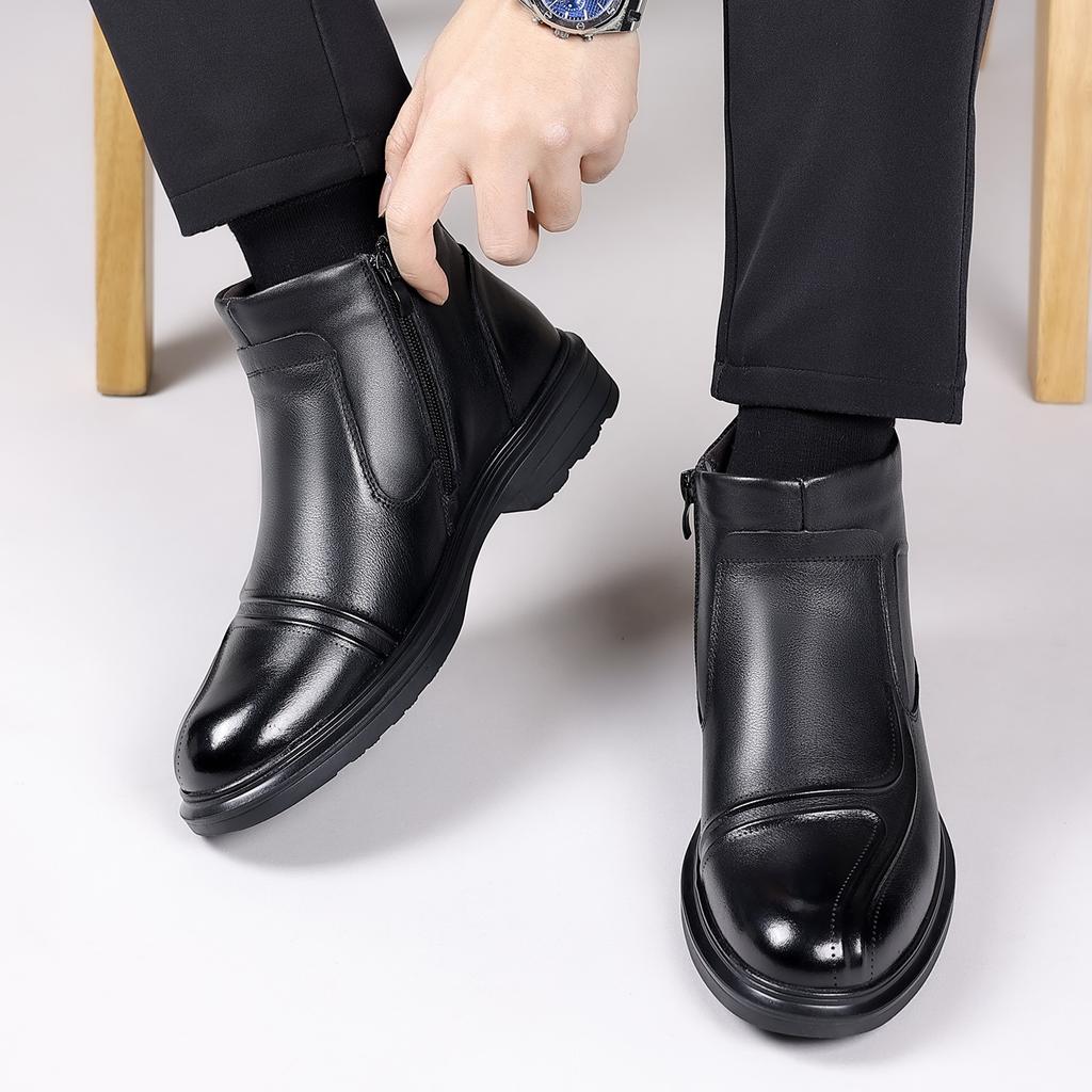 Winter Wool Warm Business Dress Cotton Shoes Men'S Leather Pointed Chelsea Boots Men'S High-Top Leather Shoes